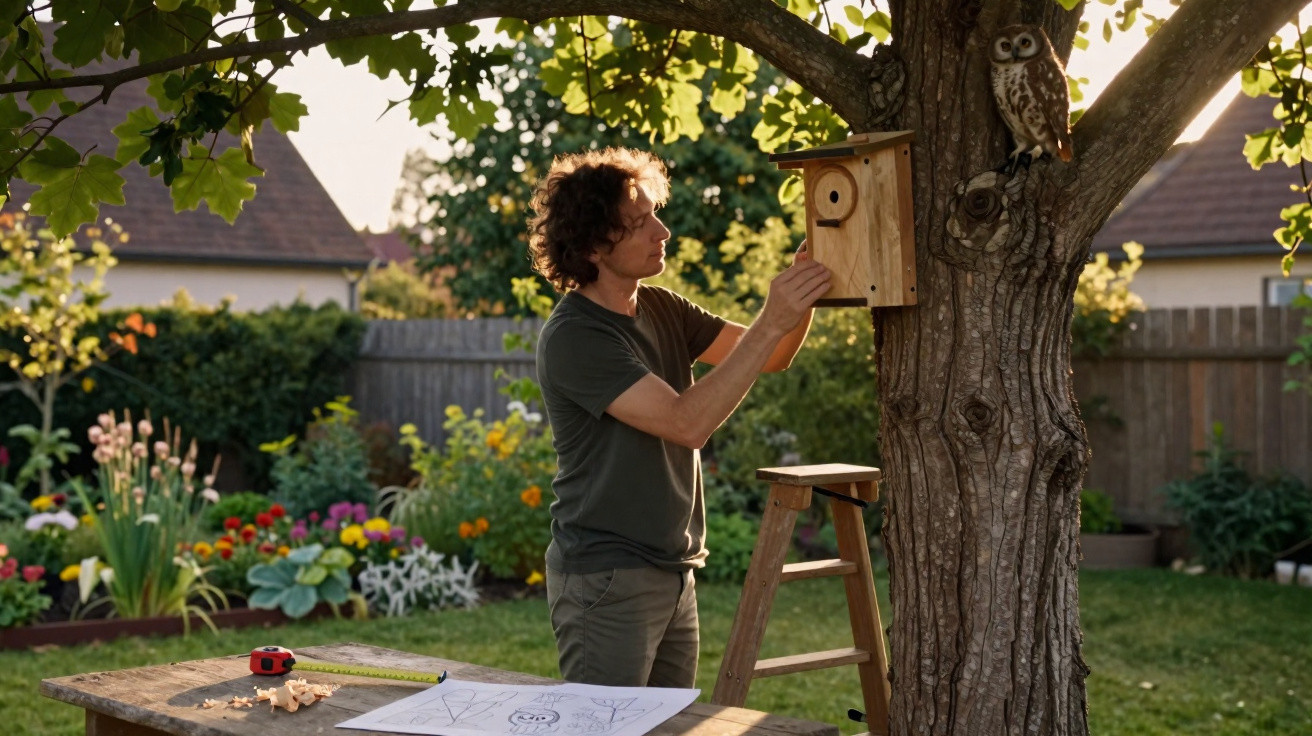 Man installing a wooden birdhouse on a tree in a garden with flowers and a wooden ladder nearby.
