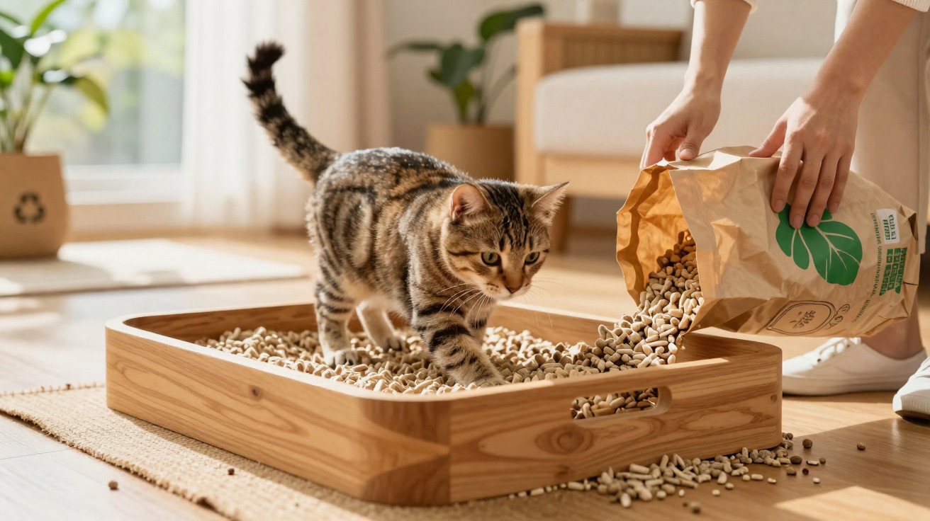 Tabby cat stepping in wooden tray filled with eco-friendly pellet litter while person pours more pellets.