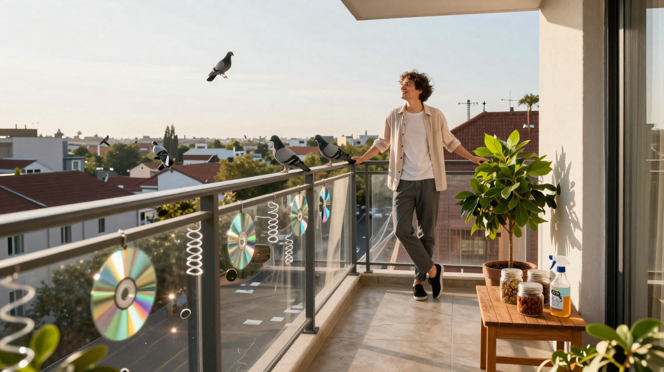 Young man standing on a balcony with pigeons on the railing and a small table with jars and a plant.