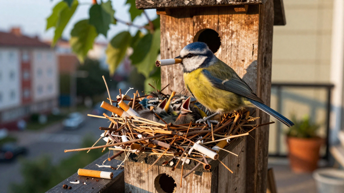 Blue tit bird with a cigarette in its beak feeding chicks in a nest on a wooden birdhouse.