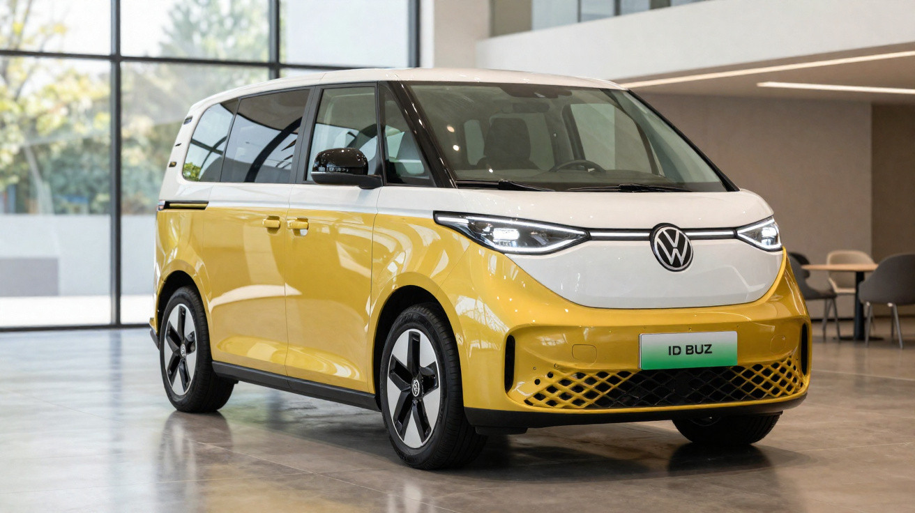 Yellow and white Volkswagen ID.Buzz electric minivan parked indoors with modern styling and black wheels.