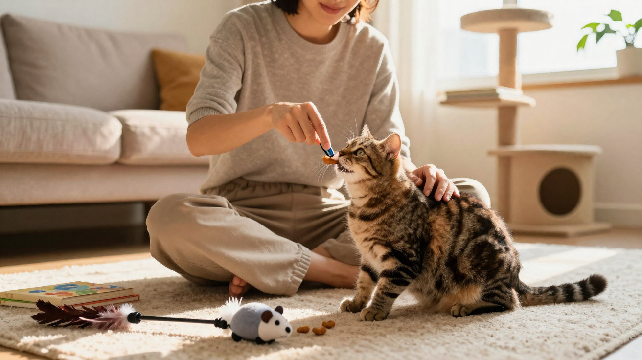 Person sitting on carpet feeding treats to a tabby cat in a sunlit living room with toys nearby.