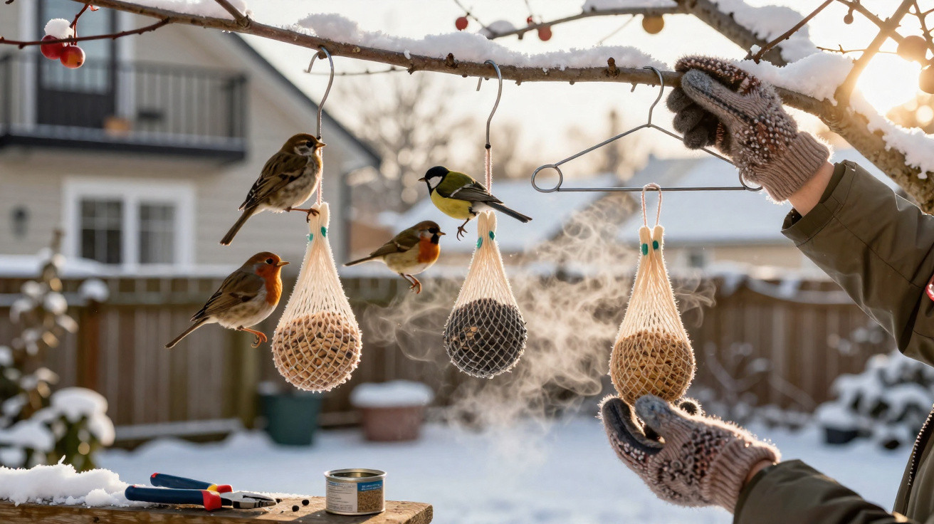 Winter scene with birds feeding from hanging nets as a person adjusts them on a snowy tree branch.