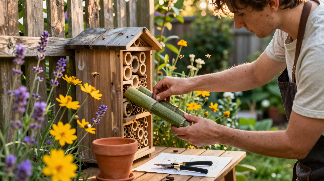 Person installing bamboo tubes into a wooden insect hotel in a colourful garden with yellow and purple flowers.