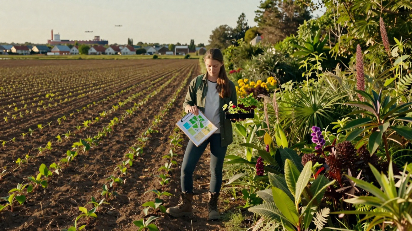 Young woman with seedlings and a clipboard standing in a field near diverse garden plants at sunset.