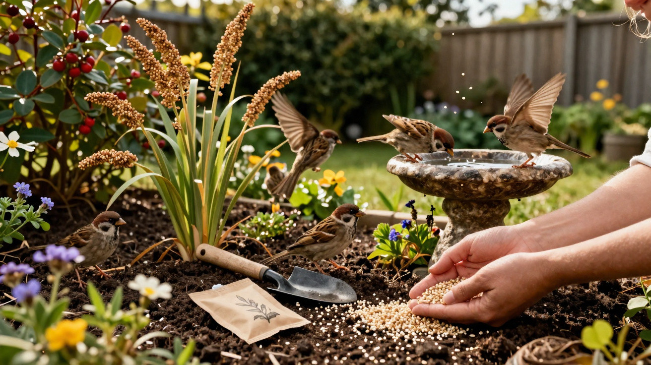 Sparrows feed from hands and birdbath in a garden with flowers, soil, and gardening tools on a sunny day.