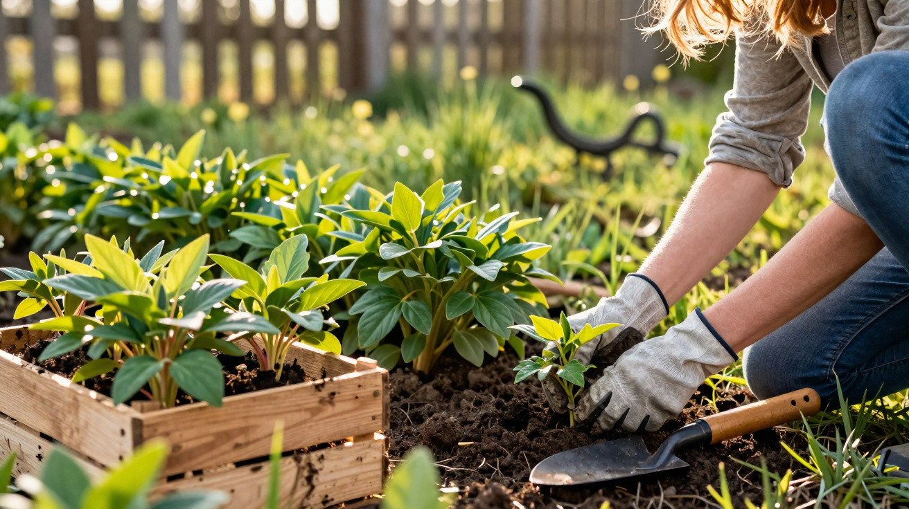 Person wearing gloves planting green seedlings in soil next to a wooden crate of plants in a garden.
