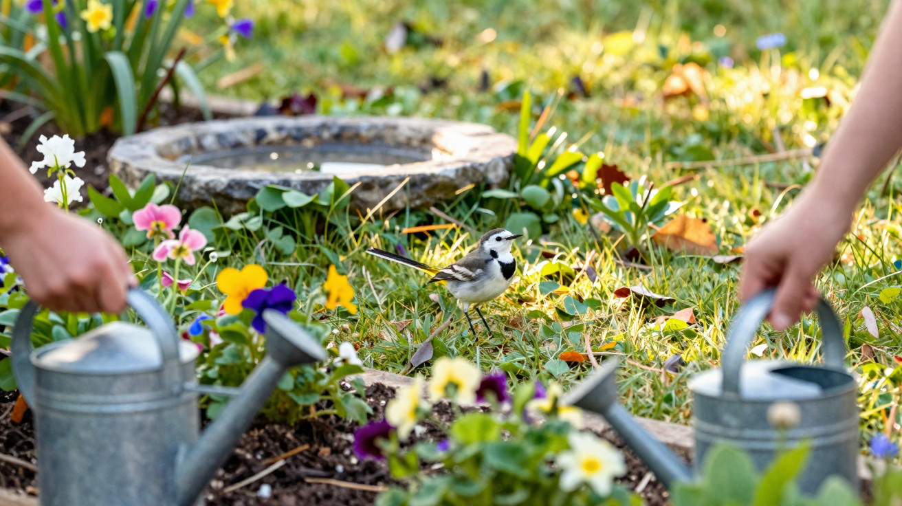 Small bird standing on grass near colourful flowers and a stone birdbath, with two watering cans held by hands.