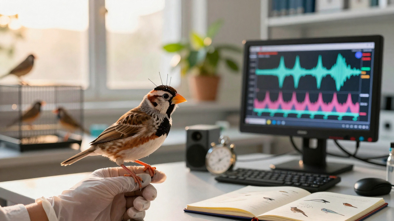 Bird with microphone sensors on its head perched on a gloved hand in a lab with soundwave data on a computer screen.