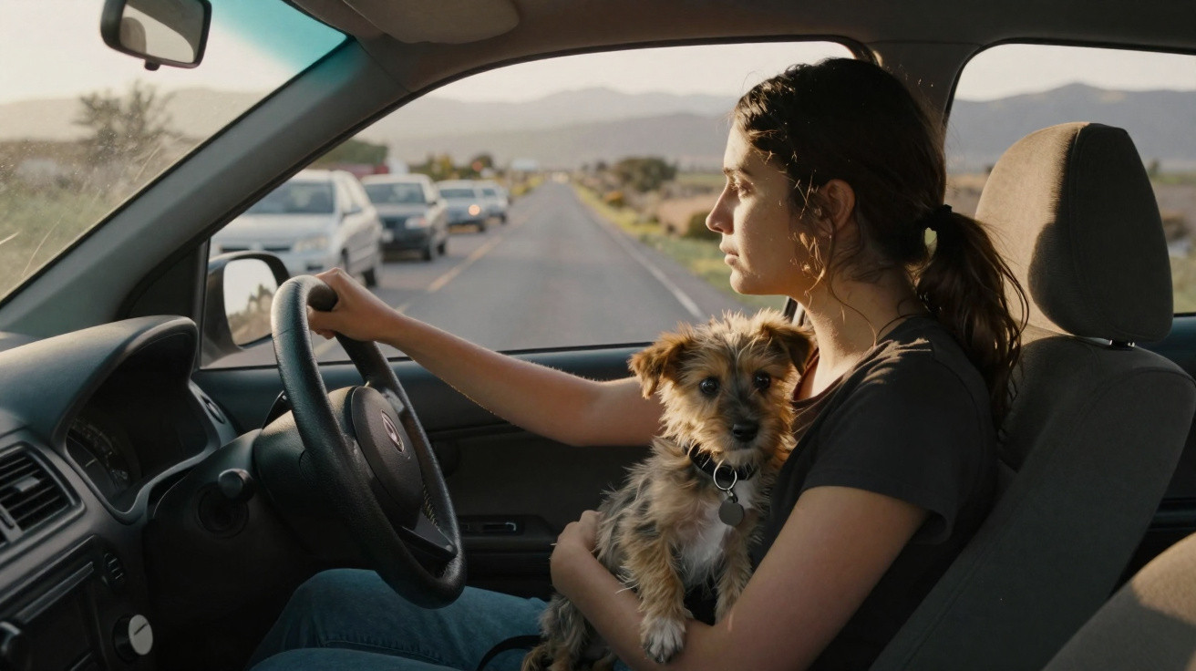 Woman driving a car while holding a small dog on a sunny day with traffic visible through the window.