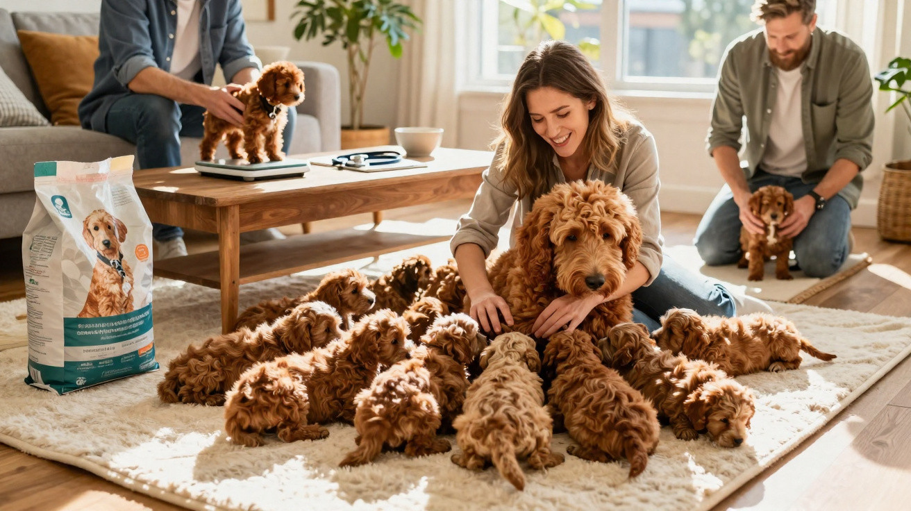 Two adults playing with a large curly dog and multiple puppies on a cream rug in a sunny living room.