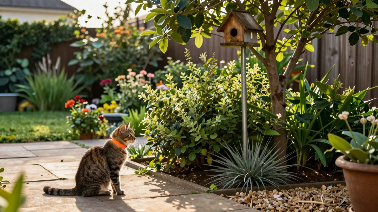 Tabby cat with orange collar sitting on a sunlit garden path near plants and a birdhouse on a pole.