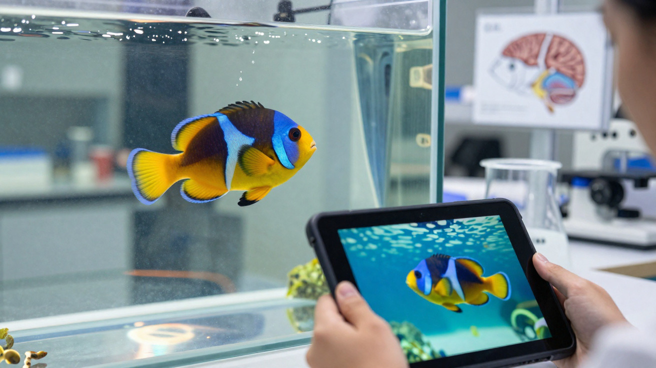Bright yellow and blue clownfish swimming in a tank observed via a tablet in a laboratory setting.