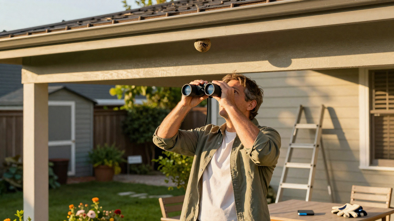 Man using binoculars to observe a wasp nest under the patio roof in a backyard garden.