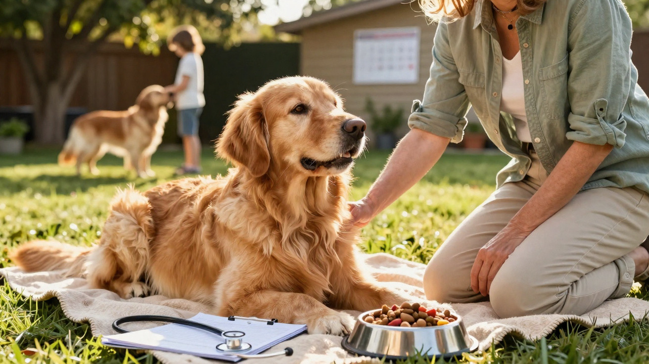Golden retriever lying on a blanket with a person, dog bowl, and stethoscope in a sunlit garden.