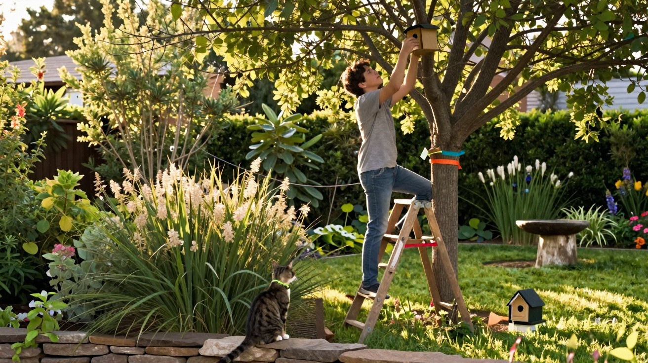 Boy on a ladder fitting a birdhouse to a tree in a garden with a cat watching nearby.