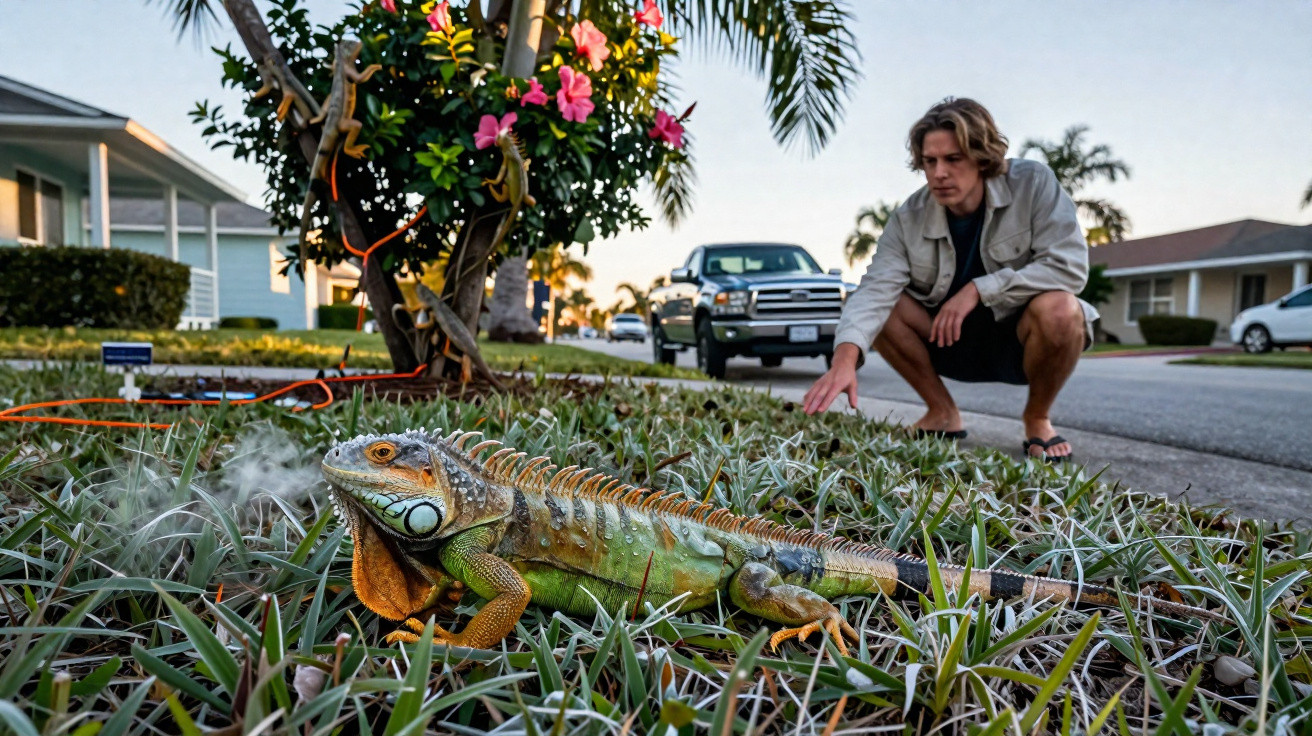 Man crouching near a large green iguana on grass in a suburban neighbourhood during sunset.