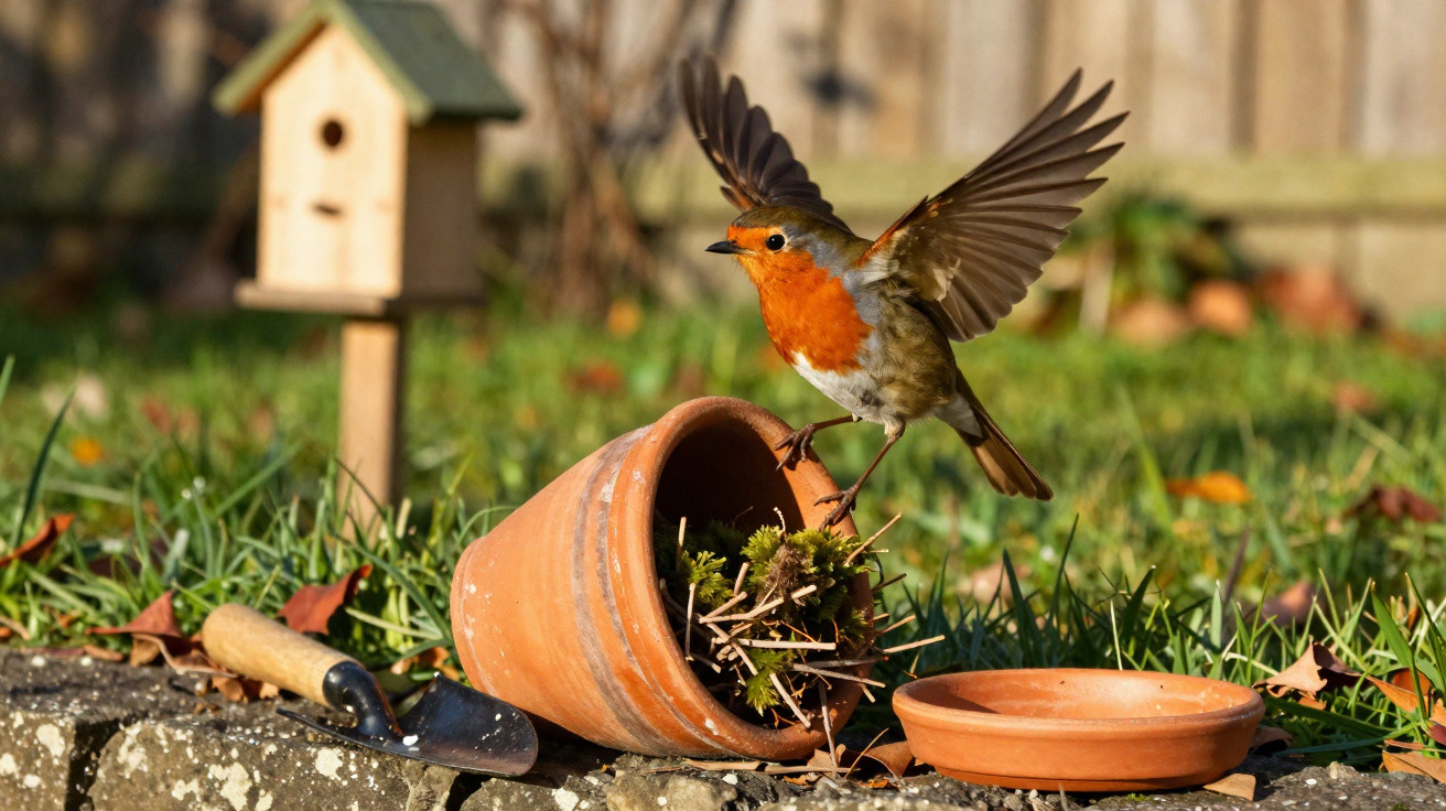 Robin with wings spread landing on a tipped terracotta pot filled with moss in a garden.