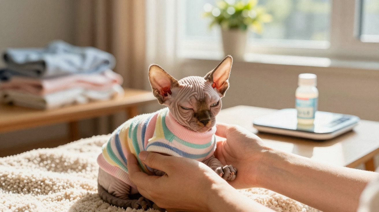 Hairless Sphynx cat wearing a striped jumper being gently held on a bed in sunlight near a window.