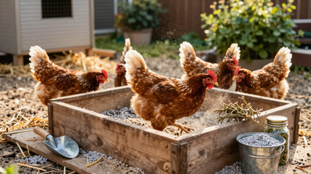 Brown hens dust bathing in a wooden raised bed with gardening tools and plants in the background.