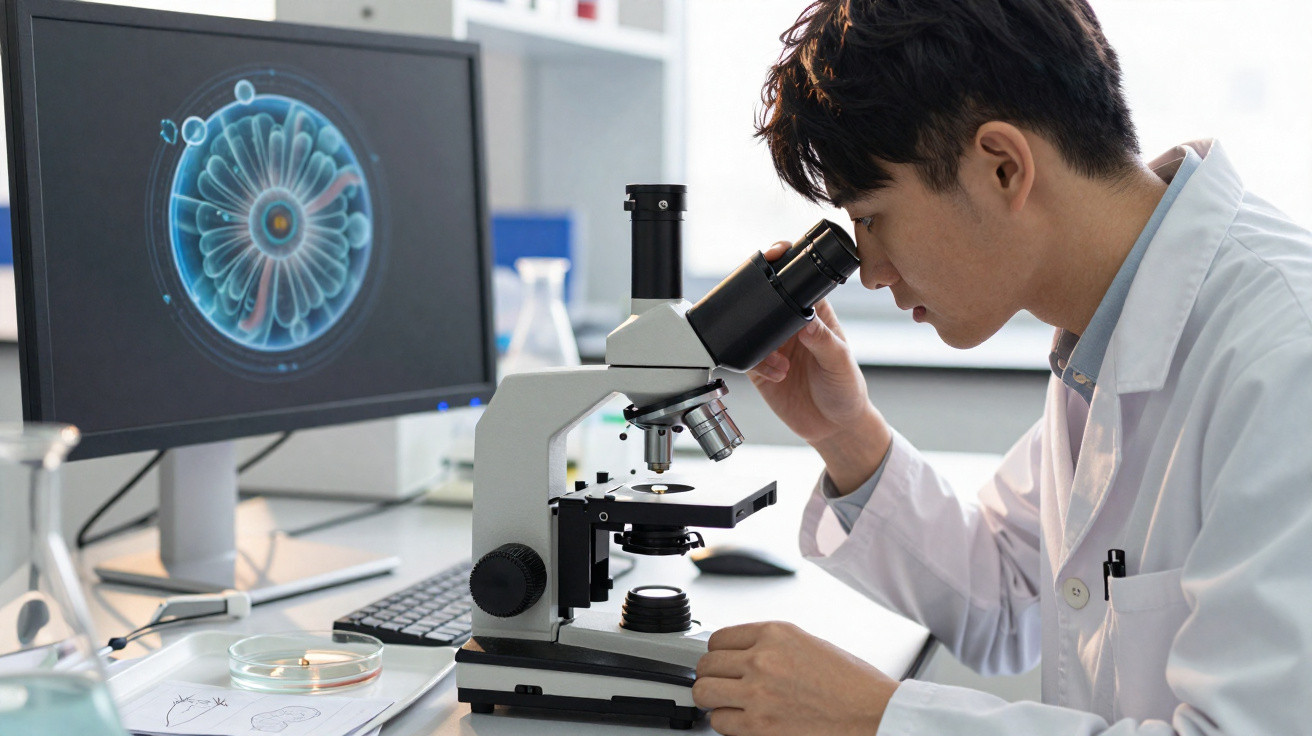 Scientist in a lab coat examining a sample through a microscope with a cell image on a computer screen.