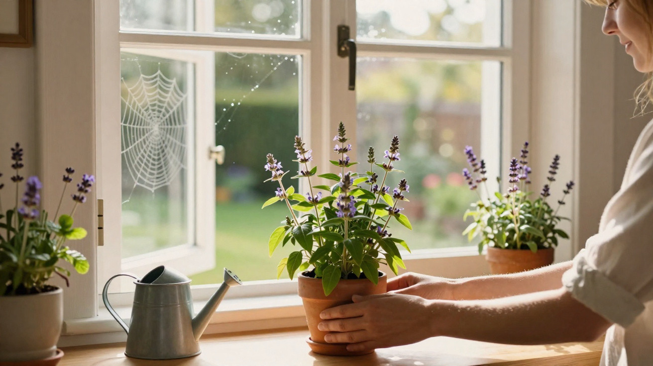 Person arranging potted lavender plants on a windowsill next to a watering can and a spider web on the windowpane.