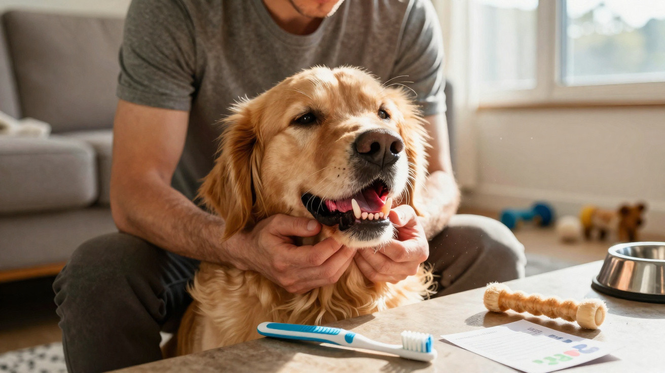 Man holding a happy golden retriever’s face with dog toothbrush and dental chew on the table nearby