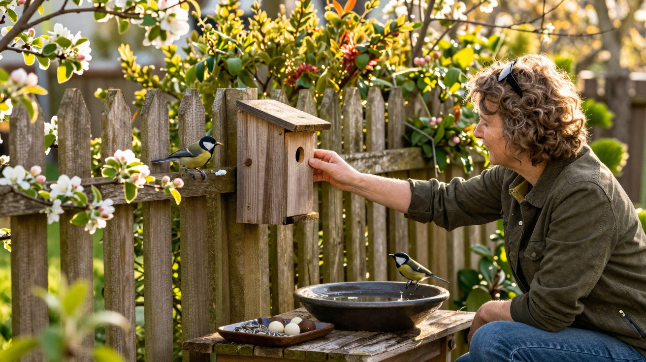 Person feeding birds at a wooden birdhouse in a garden with flowering trees and a rustic fence.
