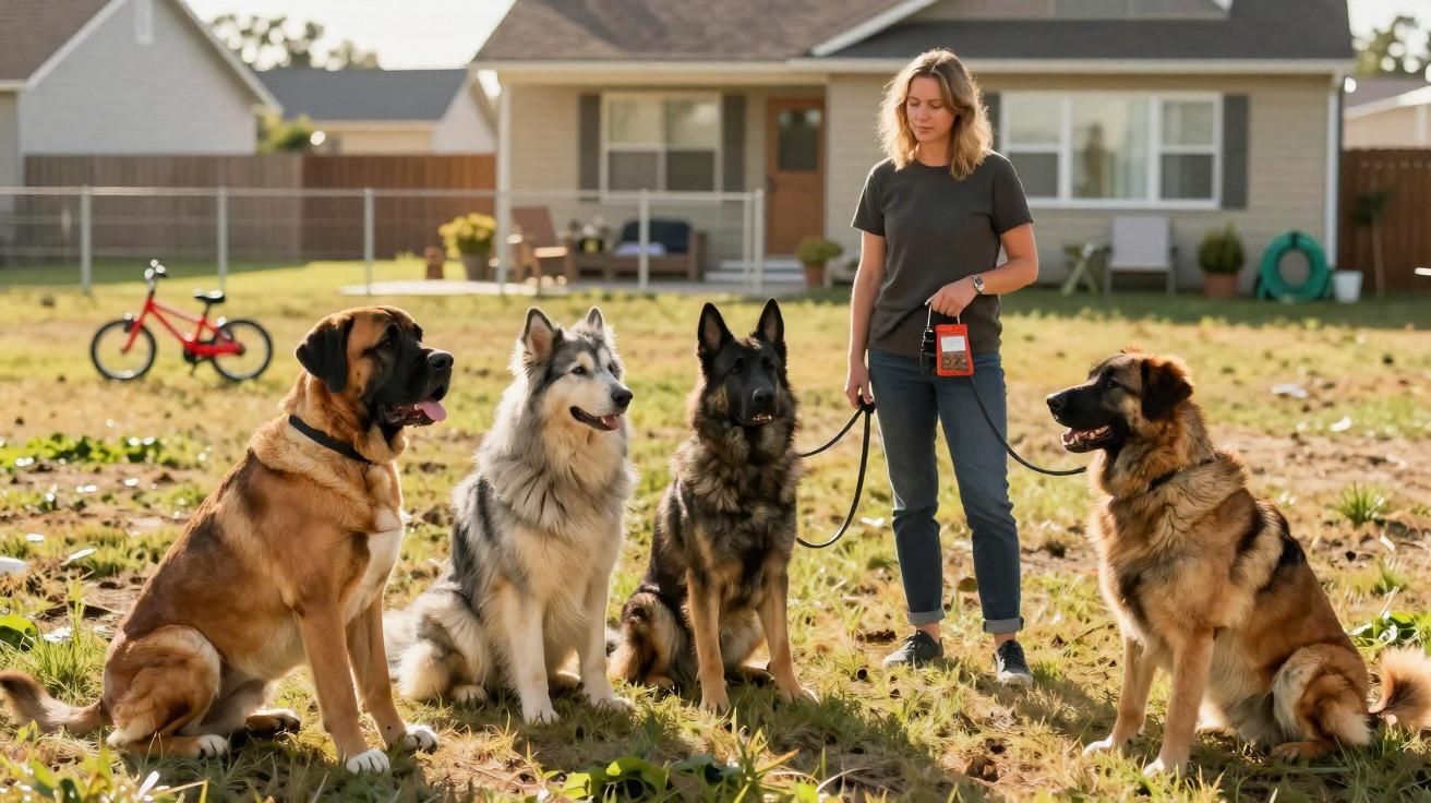 Woman training four large dogs in a grassy backyard in front of a suburban house.