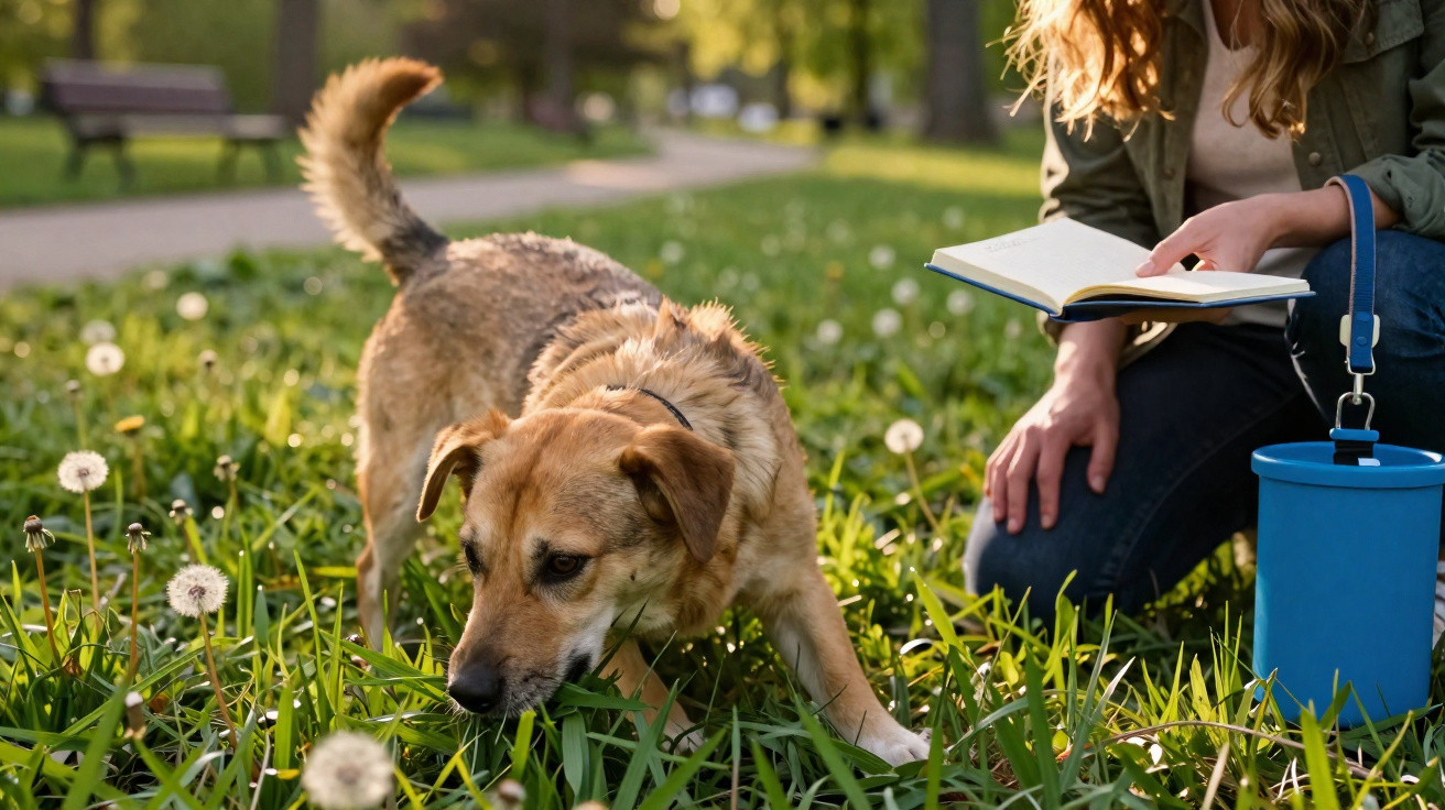 Medium-sized tan dog sniffing grass near a person reading a book in a park at sunset.