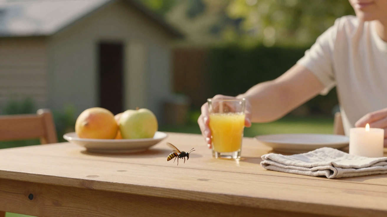 Wasp flying above a wooden table with a glass of orange juice, fruit plate, and a person reaching for the glass outdoors.