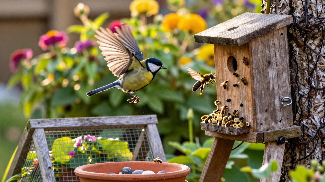 A great tit bird flying near a wooden birdhouse with bees and colourful garden flowers in the background.