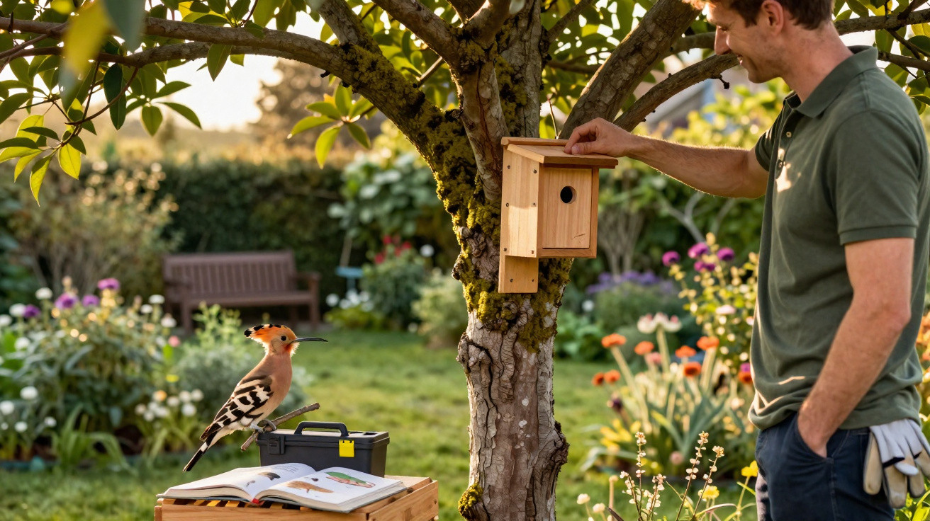 Man installing wooden birdhouse on tree in garden with hoopoe bird perched nearby on toolbox
