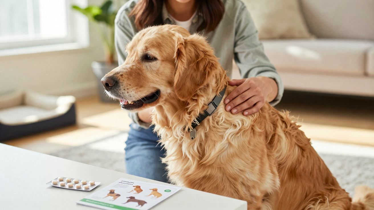 Golden retriever sitting indoors with person petting it, next to pet care medication and leaflet on table.