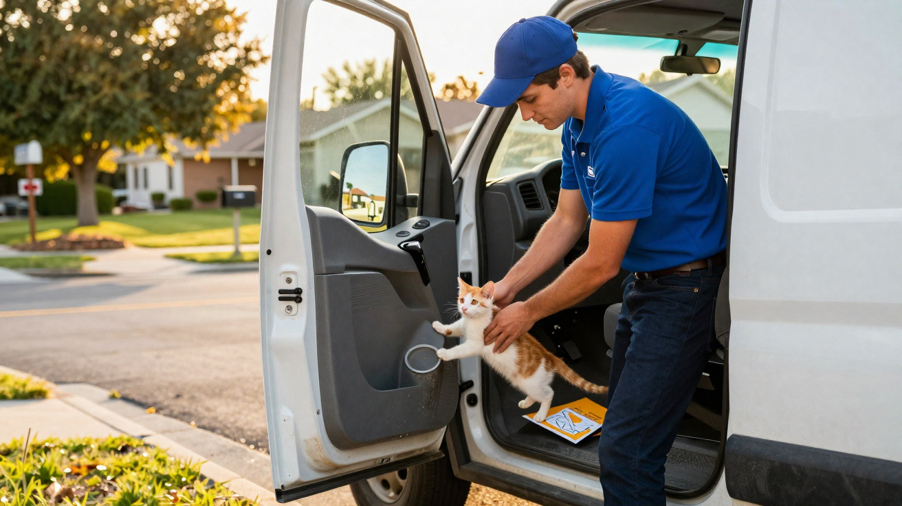 Delivery man in blue uniform holding a small orange and white cat by an open van door in a suburban street.