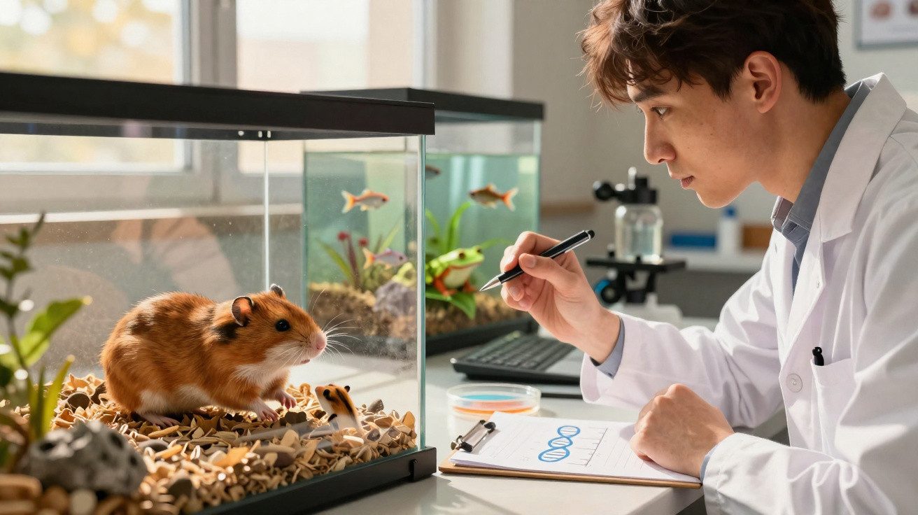 Scientist in a lab coat observing a hamster in a glass tank while taking notes on a clipboard in a laboratory.