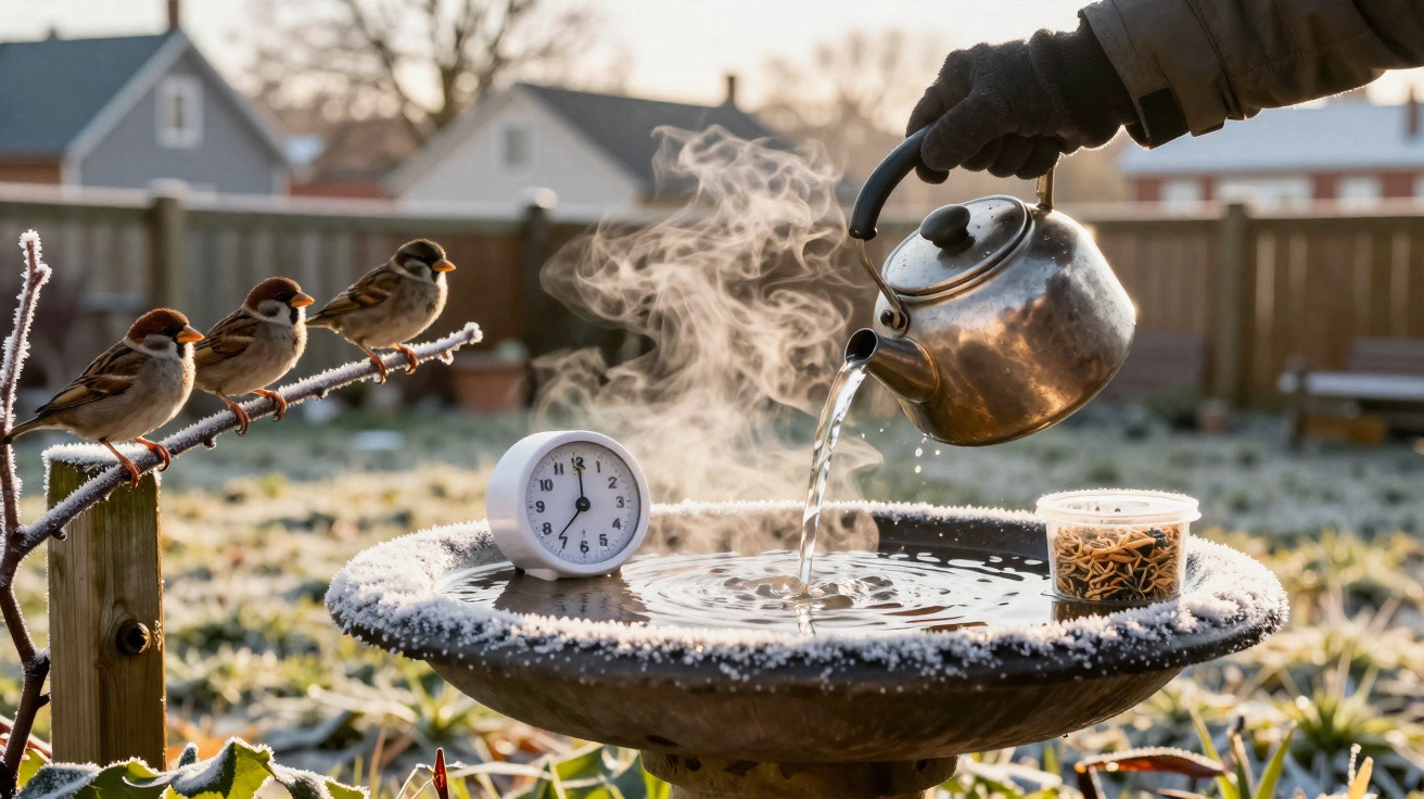 Hand pouring hot water from kettle into frosted birdbath with three sparrows nearby and a clock showing 8:00.