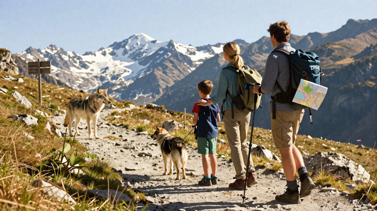 Family hiking on mountain trail with two dogs facing a wild wolf against snowy peaks background