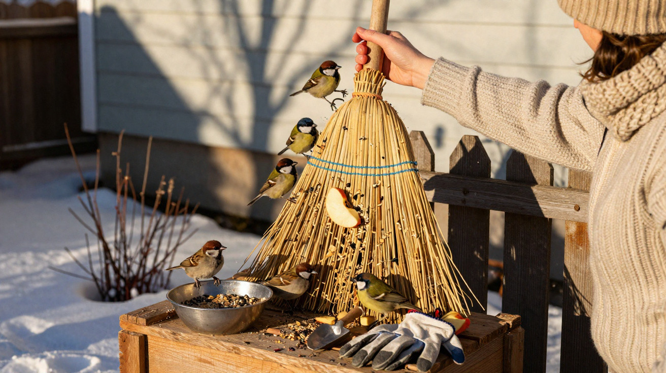 Person feeding small birds gathered on a broom and wood box in a snowy garden on a sunny day.