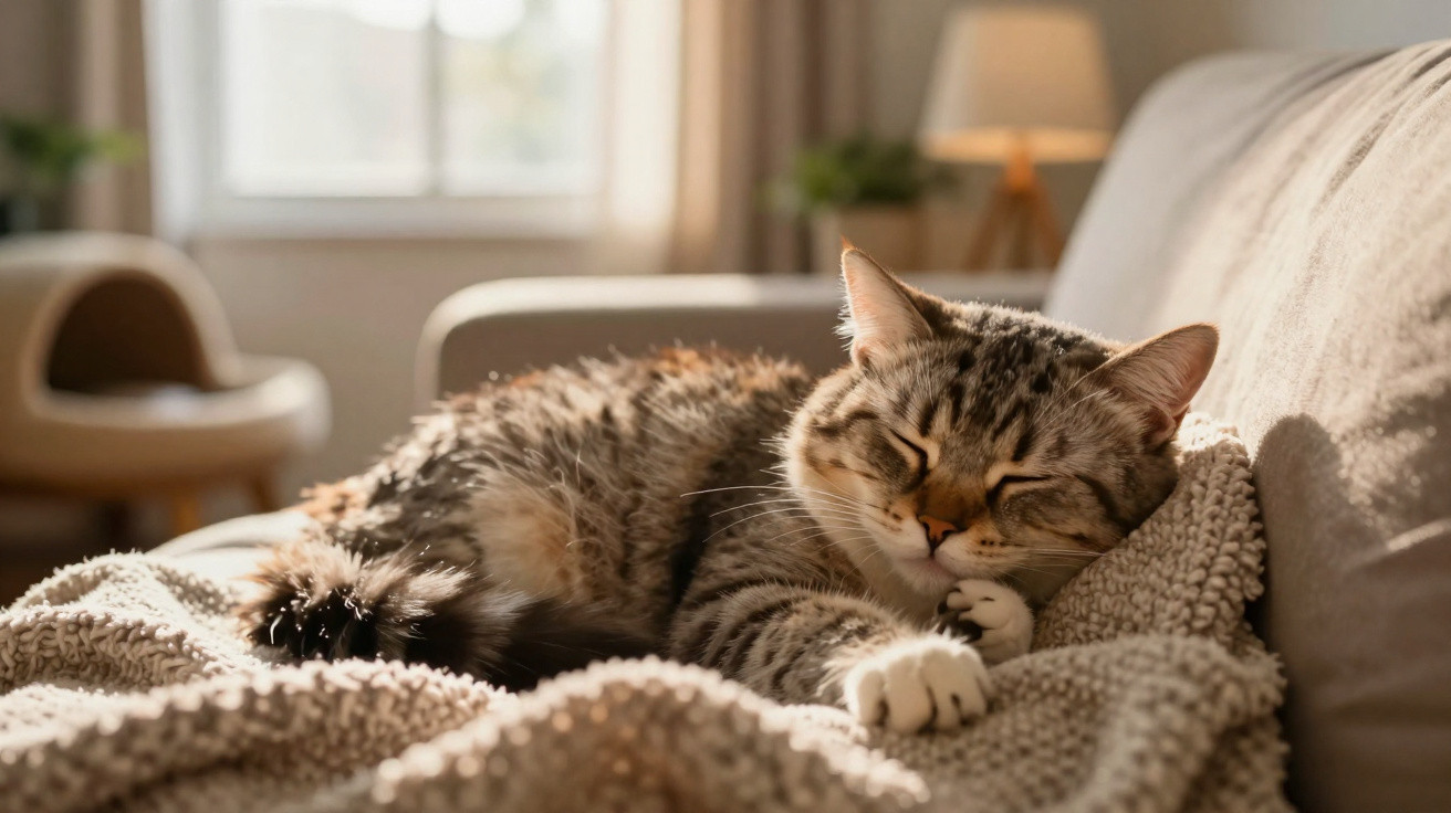 Tabby cat sleeping peacefully on a knitted blanket on a beige sofa in a sunlit living room.