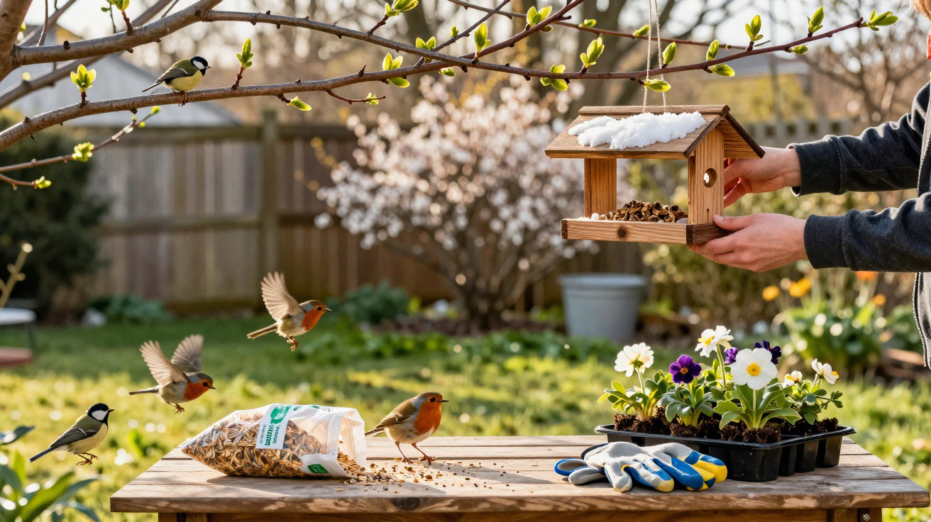 Person placing a wooden bird feeder outside with birds, seeds, flowers, and gardening gloves on a table.