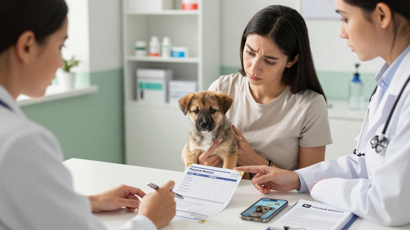 Two veterinarians discuss a medical report with a concerned woman holding a small brown and black puppy.