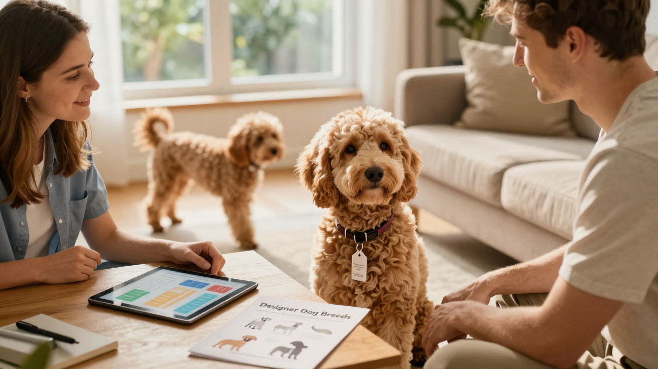 Two people sitting near two curly-haired dogs, with a tablet and dog breed chart on the table.