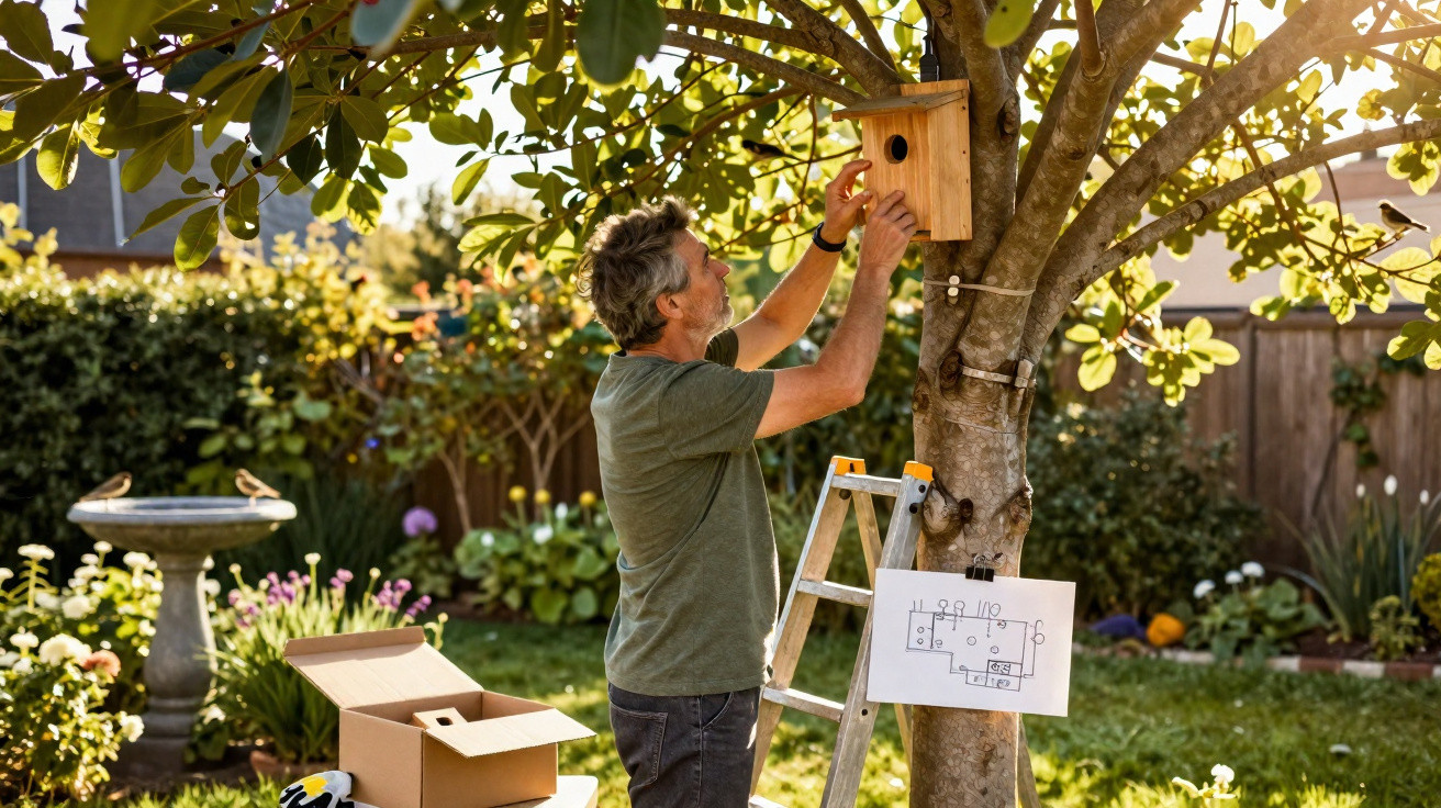 Man attaching a wooden birdhouse to a tree in a sunny garden with a ladder and birdhouse plans nearby.