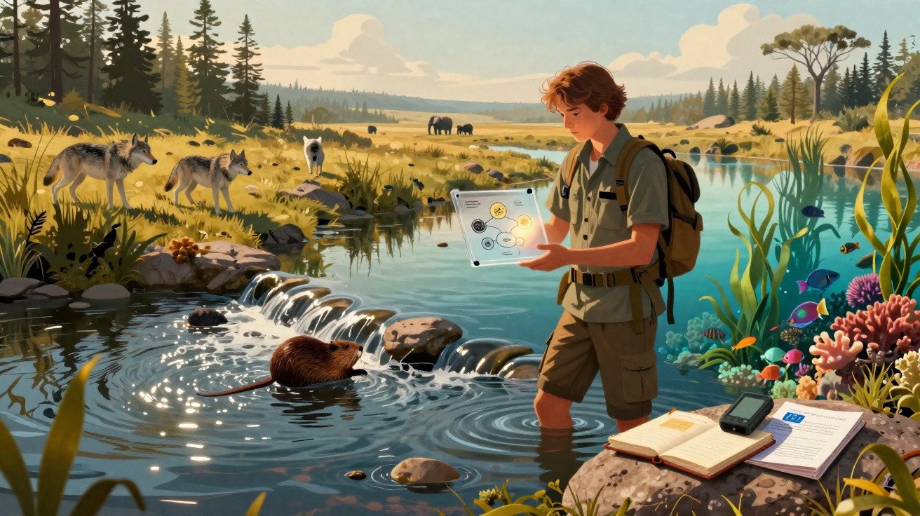 Young explorer studies a digital chart by a river with wildlife and lush greenery surrounding him.