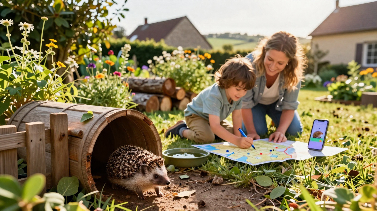 Child and woman outdoors drawing on map near hedgehog emerging from wooden barrel in sunny garden.