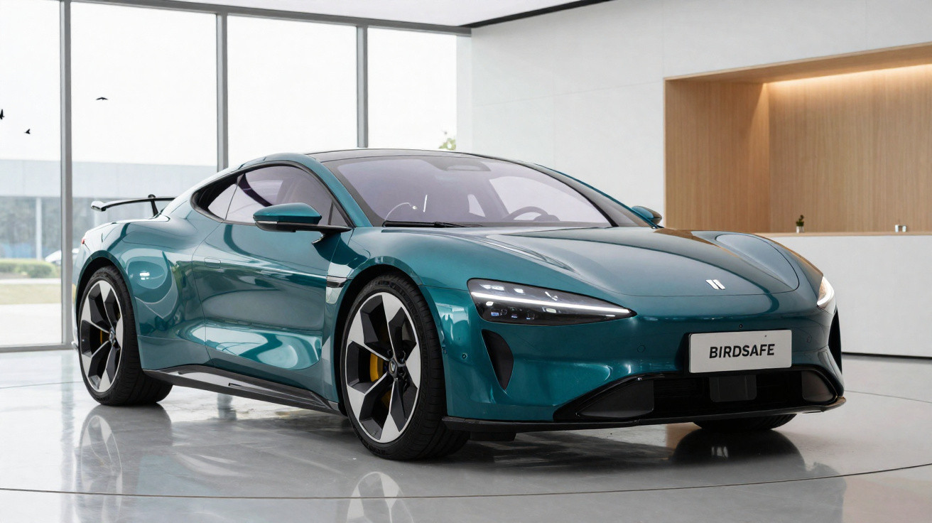 Sleek teal electric sports car in modern showroom with large windows and polished floor.
