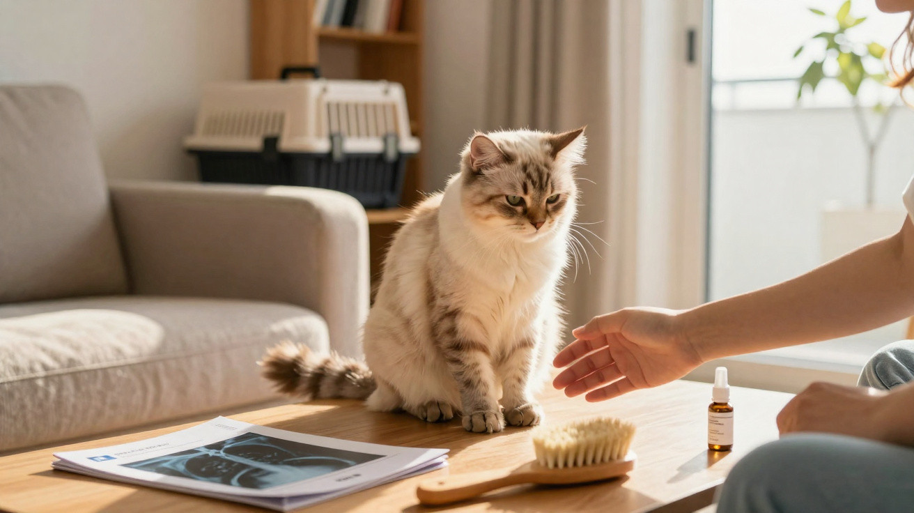 Fluffy cat sitting on a wooden table near grooming brush and a person's outstretched hand in a sunlit room.