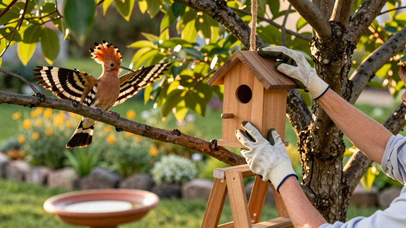 Person installing wooden birdhouse on tree branch as hoopoe bird with spread wings perches nearby in garden.