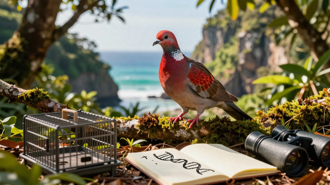 Pink-headed pigeon perched on mossy branch near birdcage, open notebook with DNA sketch, and binoculars in forest.
